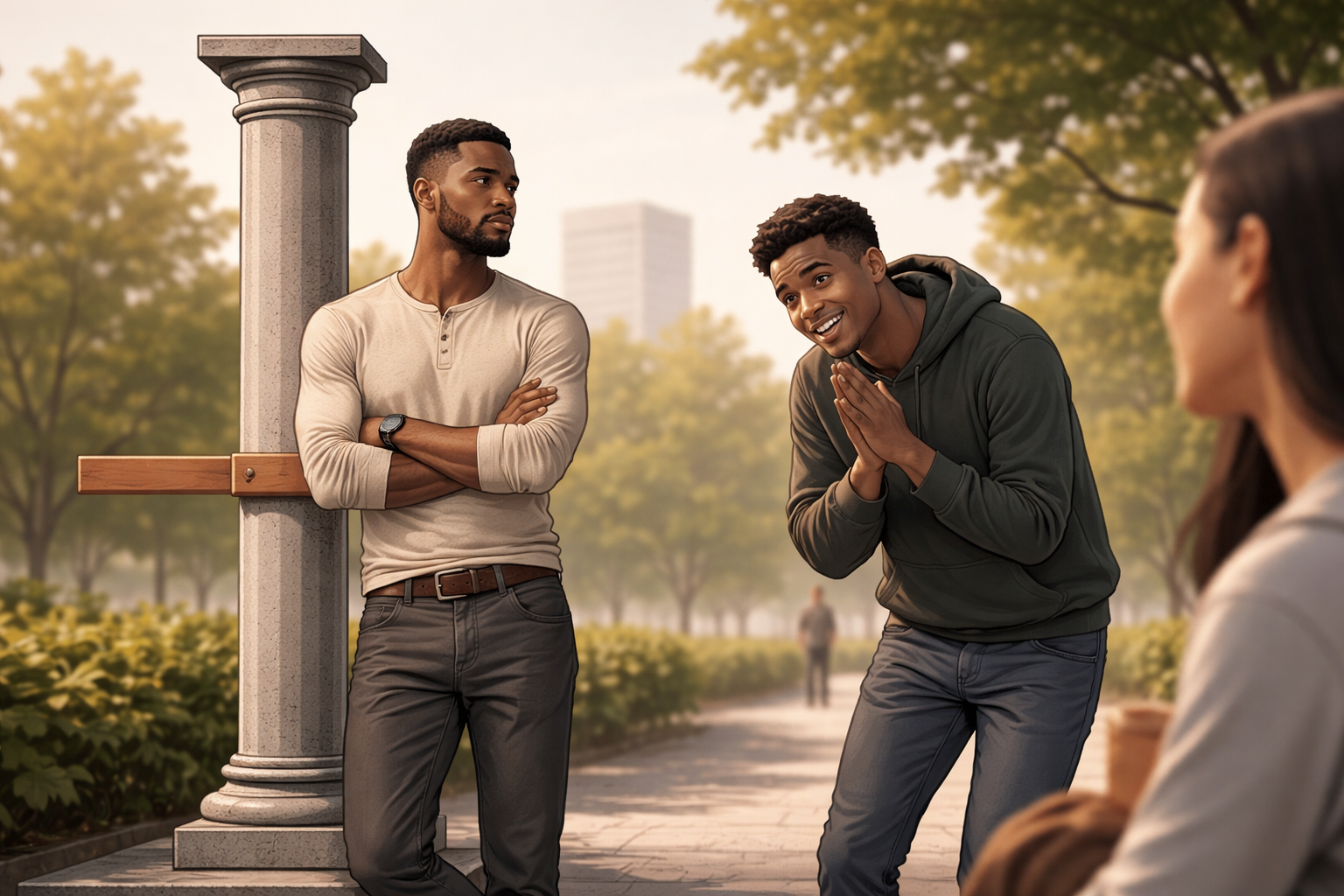 Conceptual illustration contrasting confident masculine composure with validation-seeking posture.