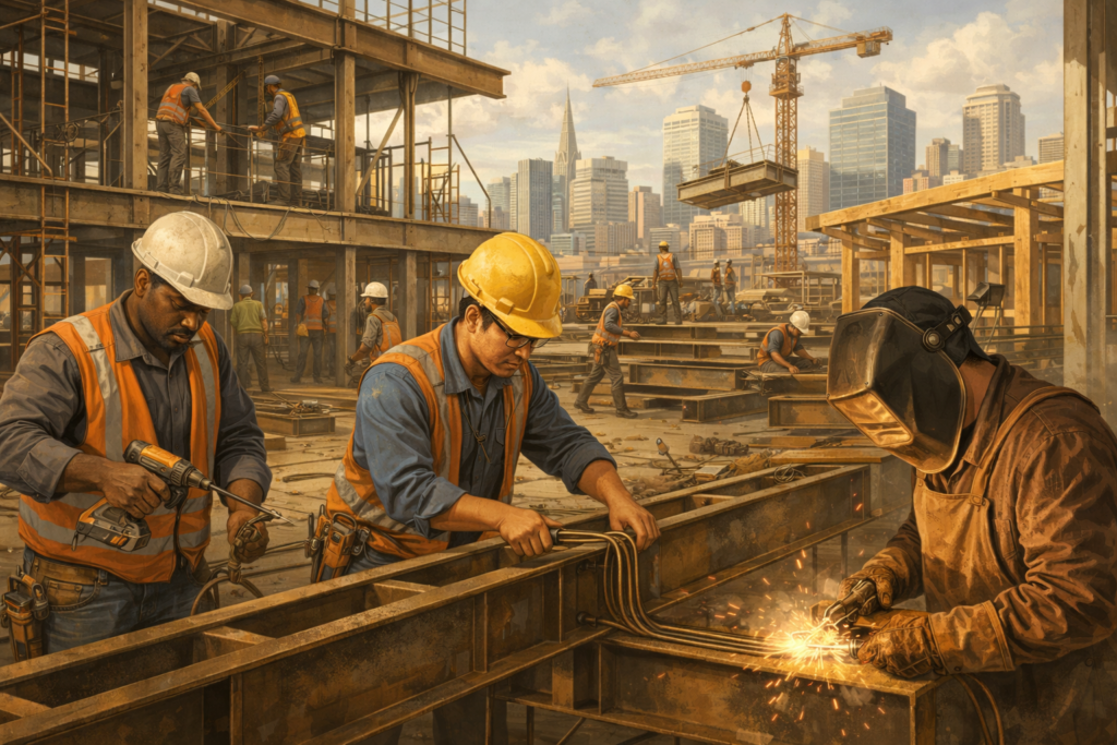 Skilled trades workers building infrastructure at a large urban construction site highlighting the skilled trades shortage and growing demand for electricians, welders, and construction workers