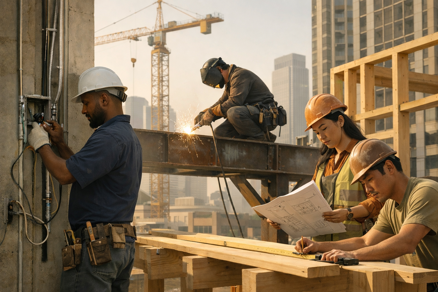 The Return of the Skilled Worker Economy Skilled trades workers building infrastructure in a modern city