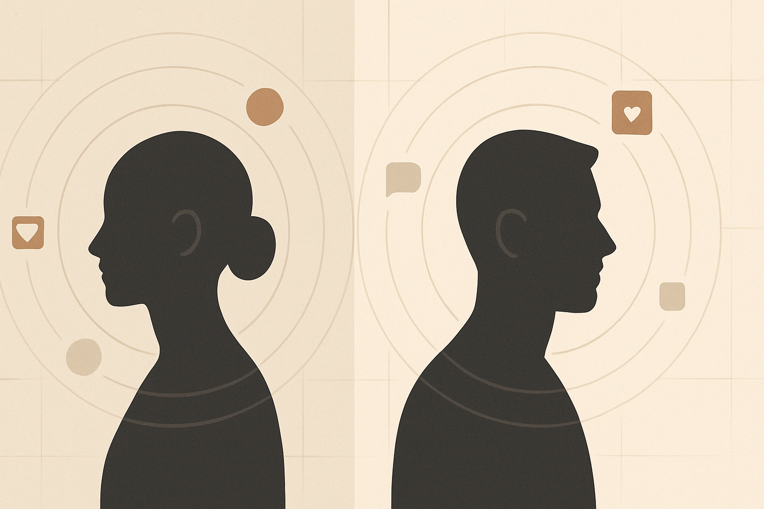 Minimalist illustration of two separated silhouettes facing opposite algorithmic feedback loops, symbolizing gender role narratives shaped by social media systems.