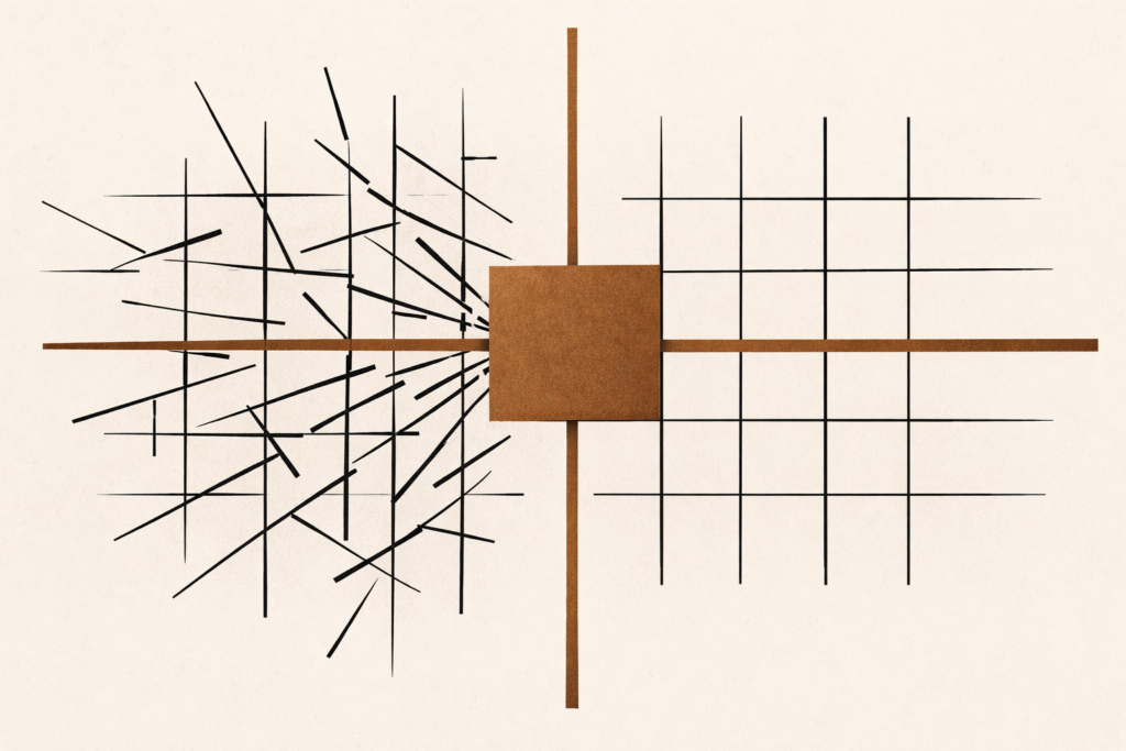 system stability illustrated as a clay-brown structural anchor aligning a charcoal grid before acceleration