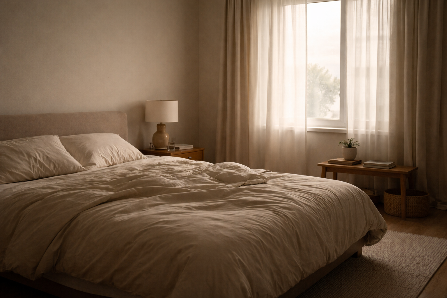 starting again discipline represented by a quiet minimalist bedroom in early morning light