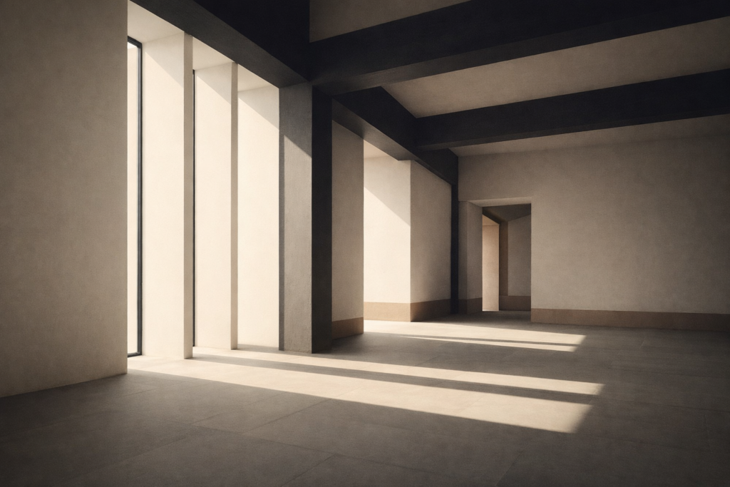 Minimalist architectural interior with soft natural light and geometric lines representing stillness and thoughtful decision making.