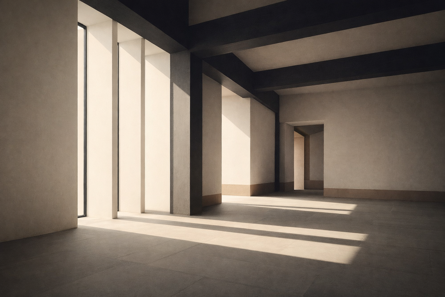 How stillness improves decision making through a minimalist architectural interior with soft light, balanced structure, and quiet open space.