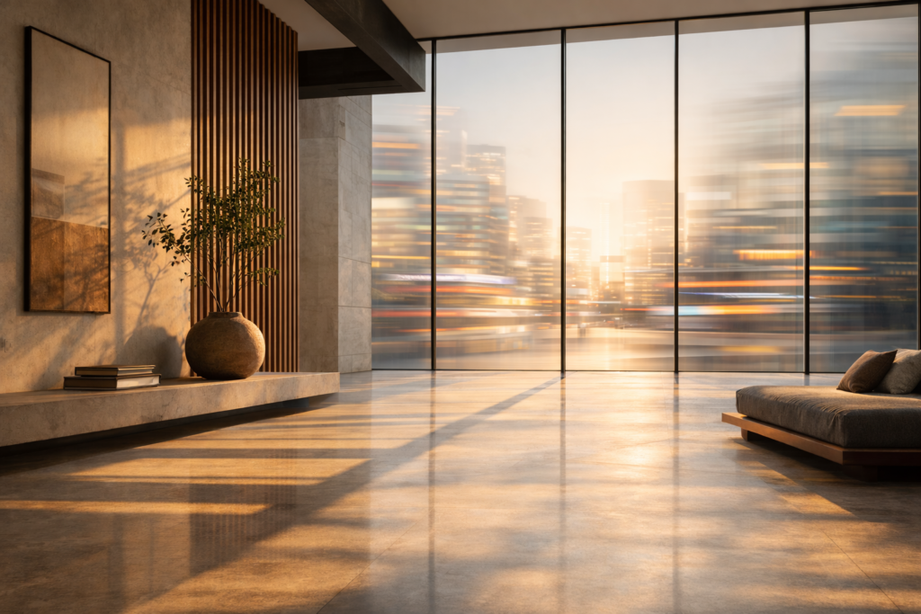 Minimalist architectural interior symbolizing stillness in a noisy world with calm light and quiet open space.