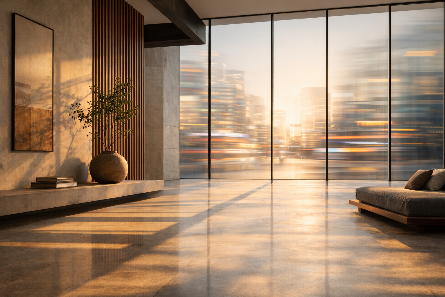 Minimalist architectural interior representing stillness in a noisy world through calm light and open space.