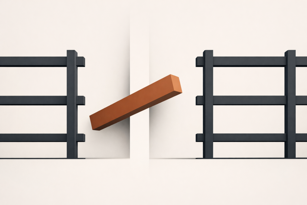 Minimalist editorial illustration of structural beams separating along a central axis, with soft charcoal forms on a warm sand background and a single clay-brown beam shifting outward to symbolize strategic exit and protected financial autonomy.
