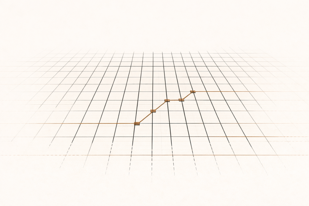 Minimalist architectural grid showing a drifting structural line being guided back into alignment by clay-brown correction beams, symbolizing disciplined correction of behavioral drift.