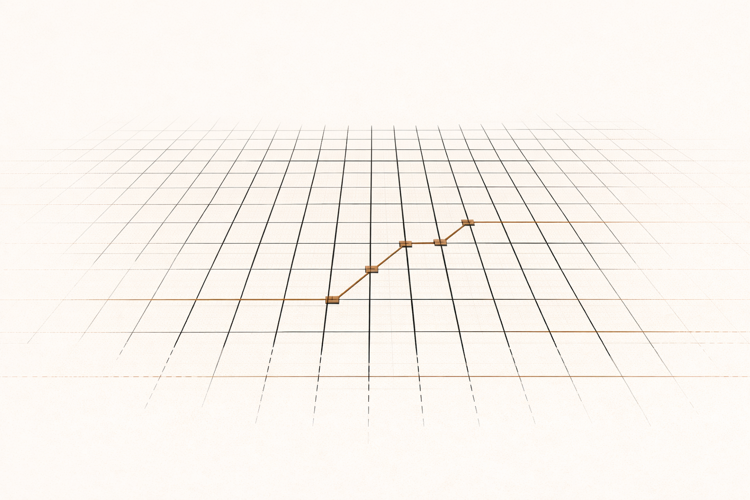 Minimalist architectural grid showing a drifting structural line being guided back into alignment by clay-brown correction beams, symbolizing disciplined correction of behavioral drift.