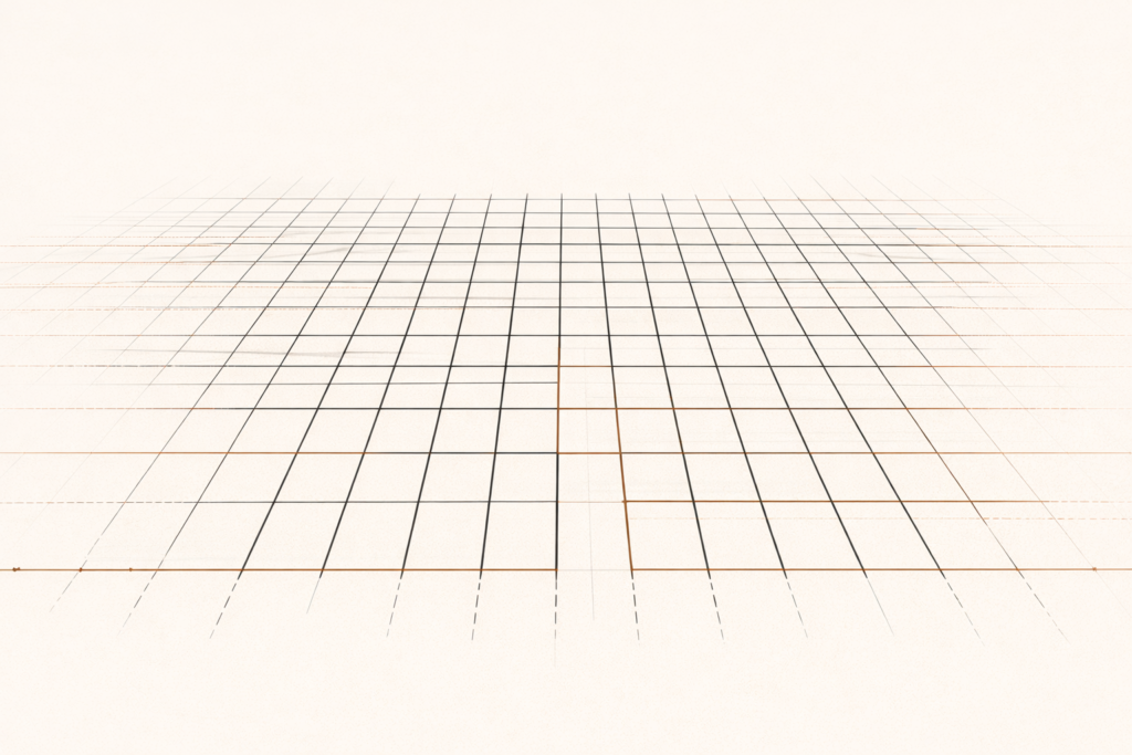 Minimalist architectural grid showing multiple faint interpretations converging into one clear structural alignment.