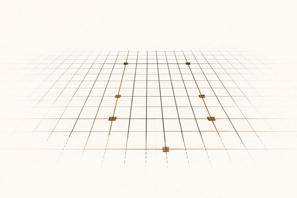 Minimalist architectural grid with structural clamps reinforcing intersections to symbolize enforcing standards within systems.