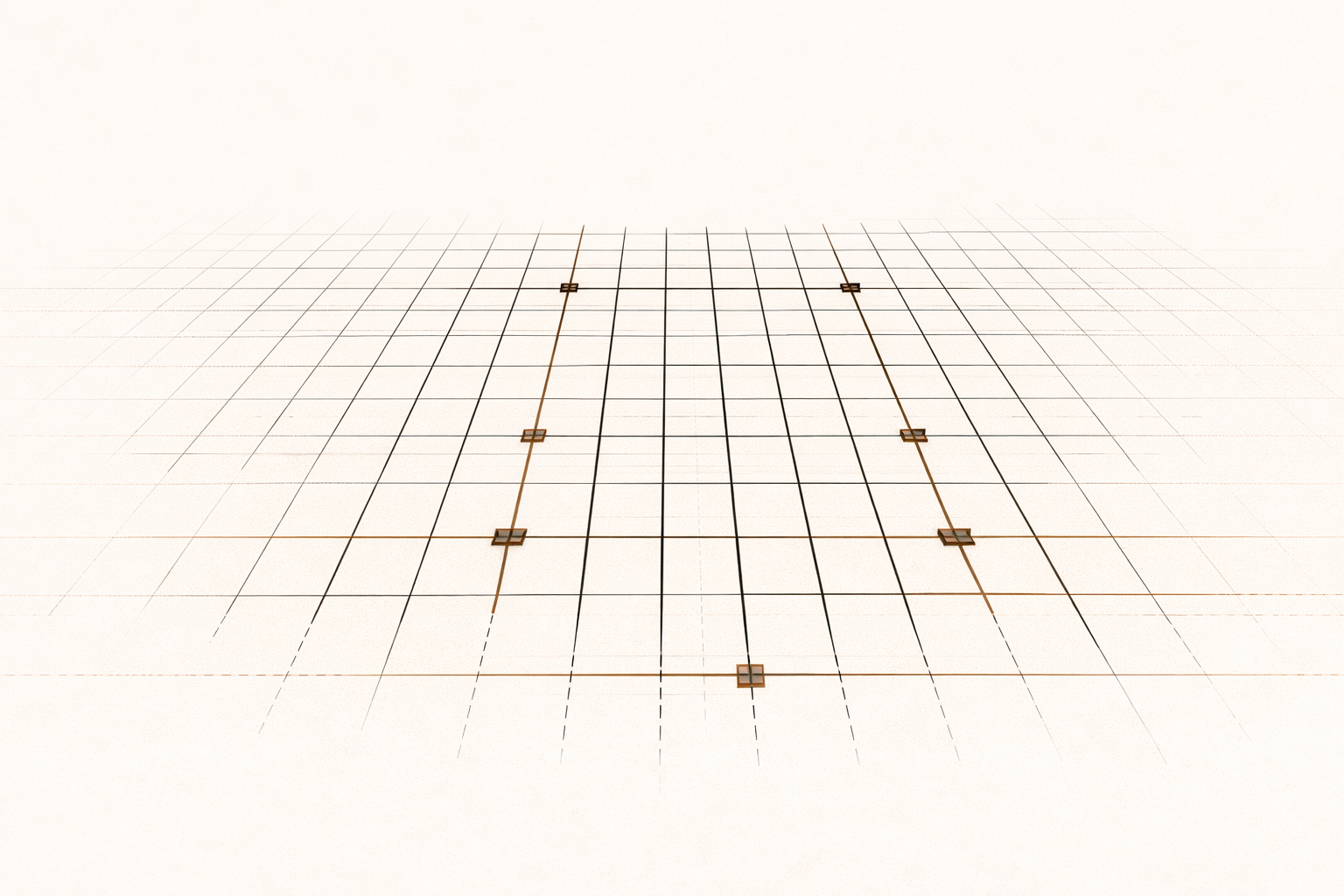 Minimalist architectural grid illustrating enforce the standard discipline in systems through structural clamps locking intersections