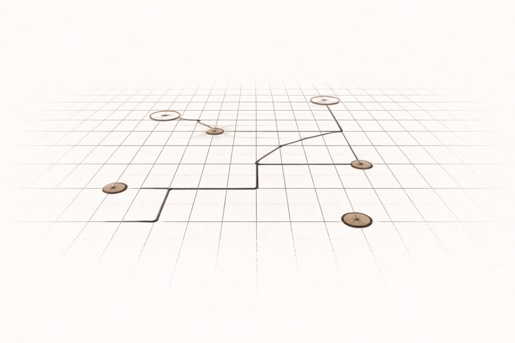 Minimalist architectural grid showing friction points removed from a system pathway.