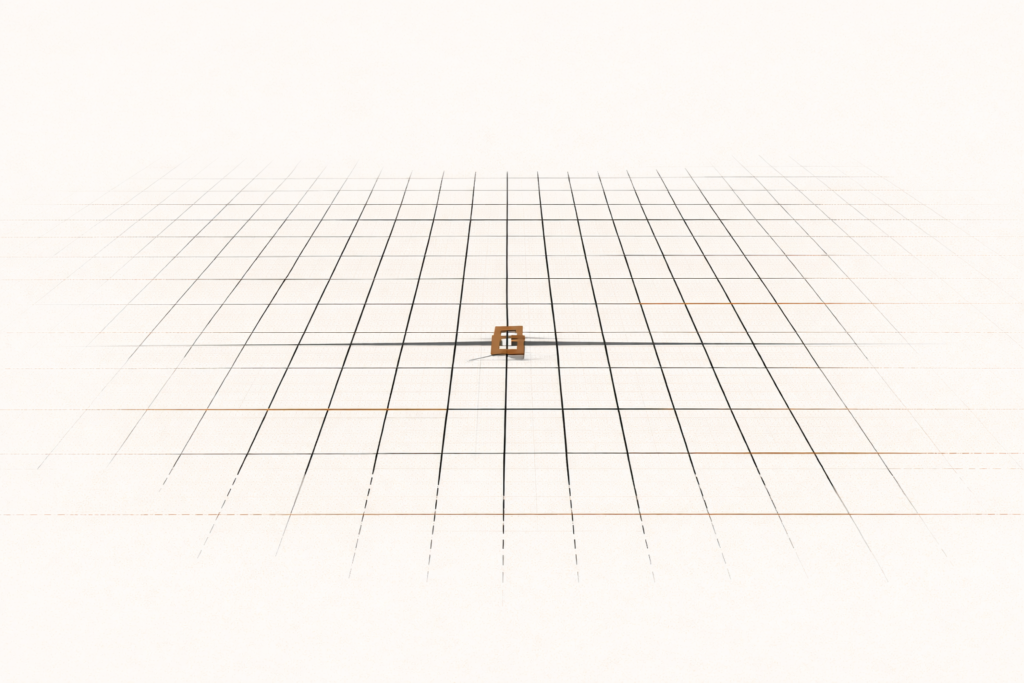 Minimalist architectural grid with a central clay-brown bracket reinforcing an intersection, symbolizing the reinforcement of a structural standard.