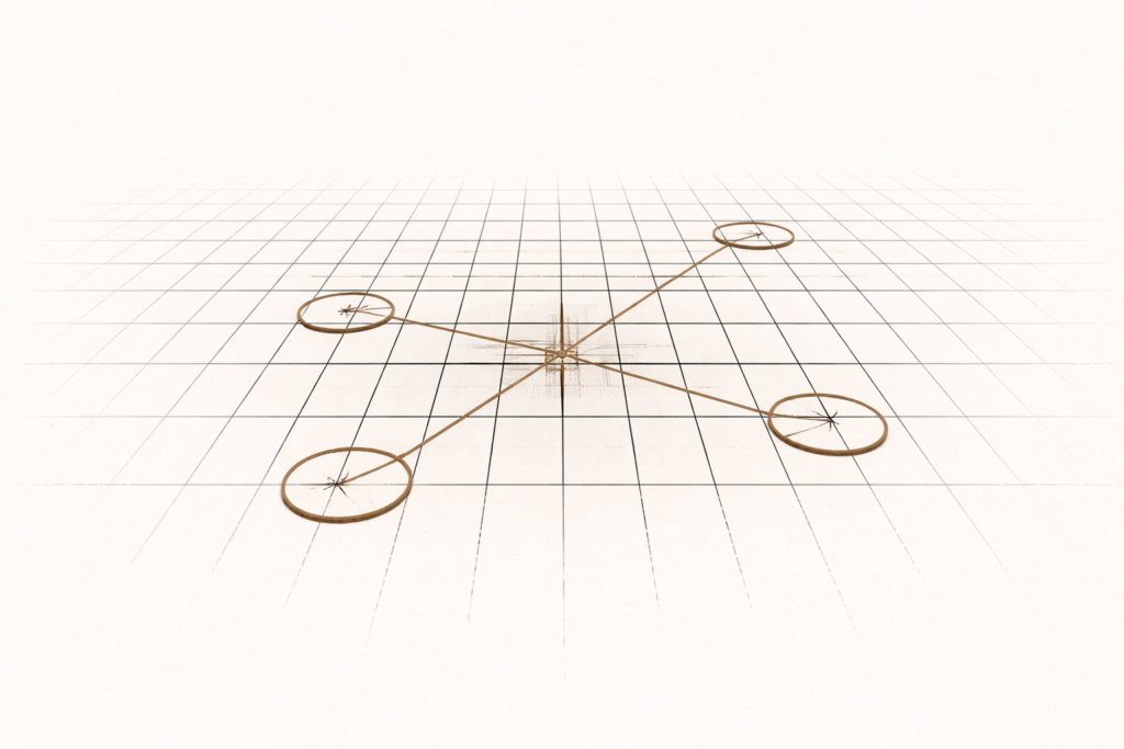 Minimalist architectural grid with highlighted inspection circles representing a system audit.