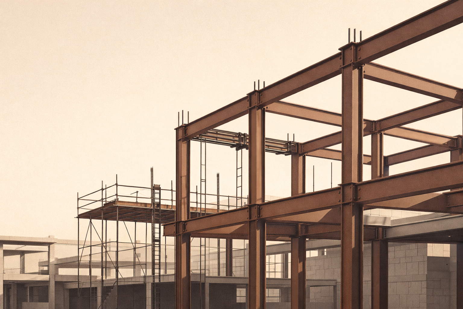 Structured framework in active construction showing aligned beams and stable expansion, representing disciplined maintenance and deliberate system building.