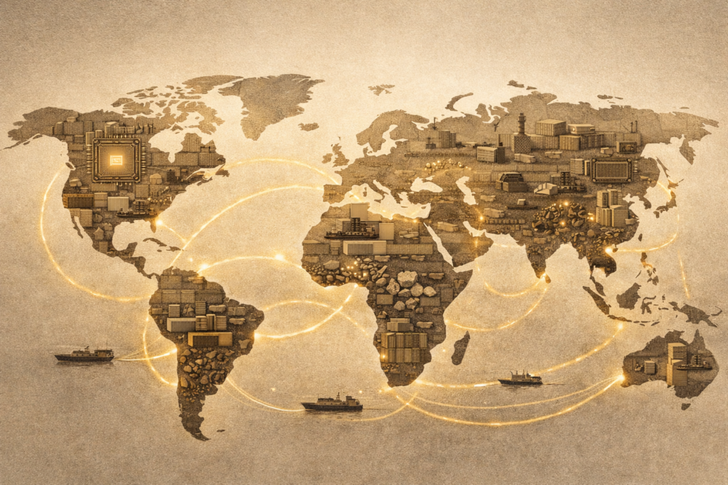 Global supply chain illustration showing semiconductors, cargo routes, and rare earth minerals representing technological power in modern geopolitics