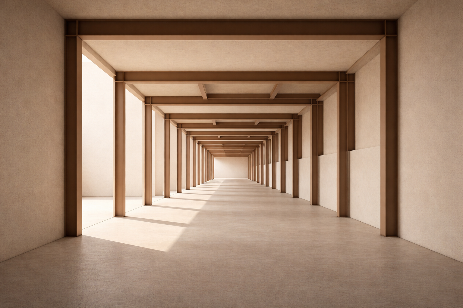 sustainable workload discipline shown through a long architectural corridor of repeated structural frames carrying steady load
