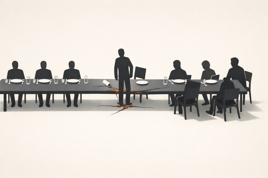 Restaurant coordination breakdown shown through a structured dining table shifting from alignment to disruption with minimal human silhouettes.