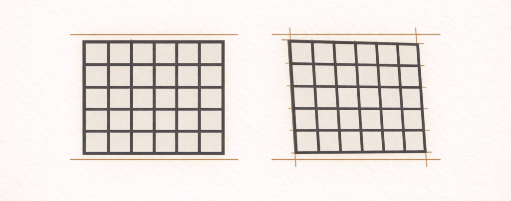 Minimalist architectural illustration showing two structural grids, one aligned and one drifting slightly off alignment with reference lines.