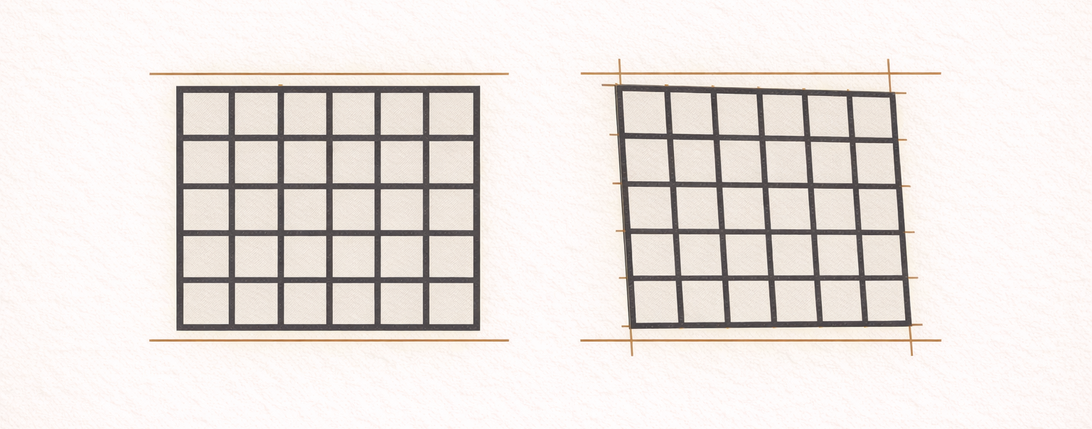 System alignment audit represented by parallel architectural structures slightly drifting apart on a warm sand background