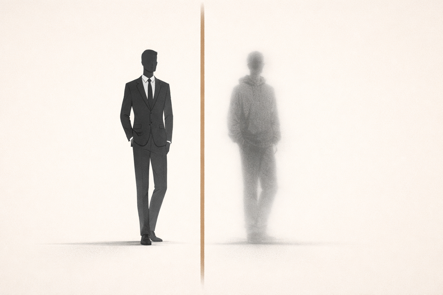 Dress code enforcement shown as a minimalist architectural system under visible tension with a reinforced central spine