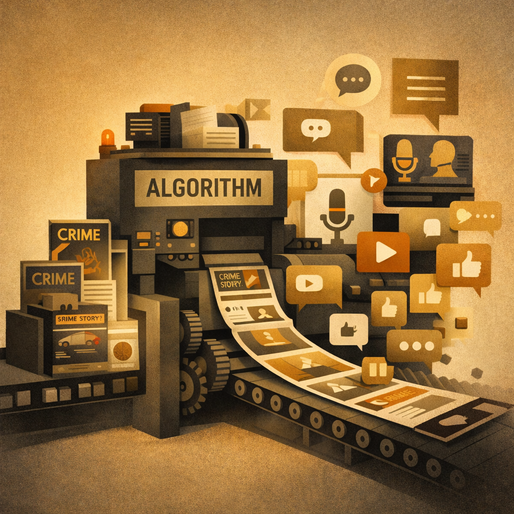 Illustration of how crime stories become ideological content online through an algorithmic machine that converts events into commentary, podcasts, and social media reactions.