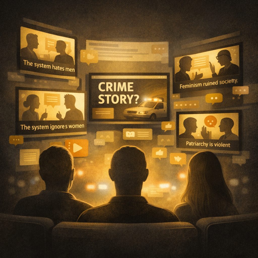 People watching multiple screens showing different interpretations of the same crime story.