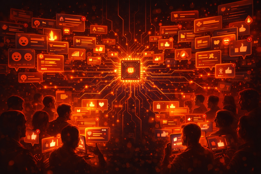 digital illustration showing the business model of outrage in modern media