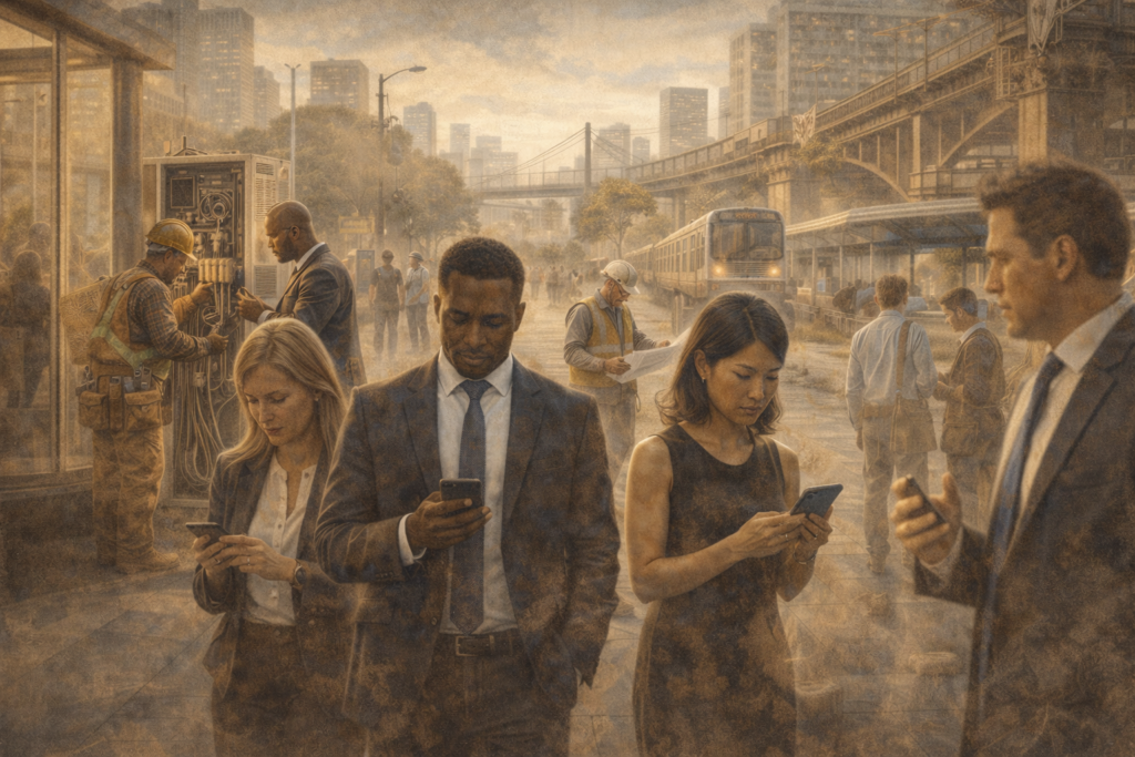 Skilled trades workers maintaining infrastructure in the background of a modern city illustrating the cultural invisibility of skilled labor.