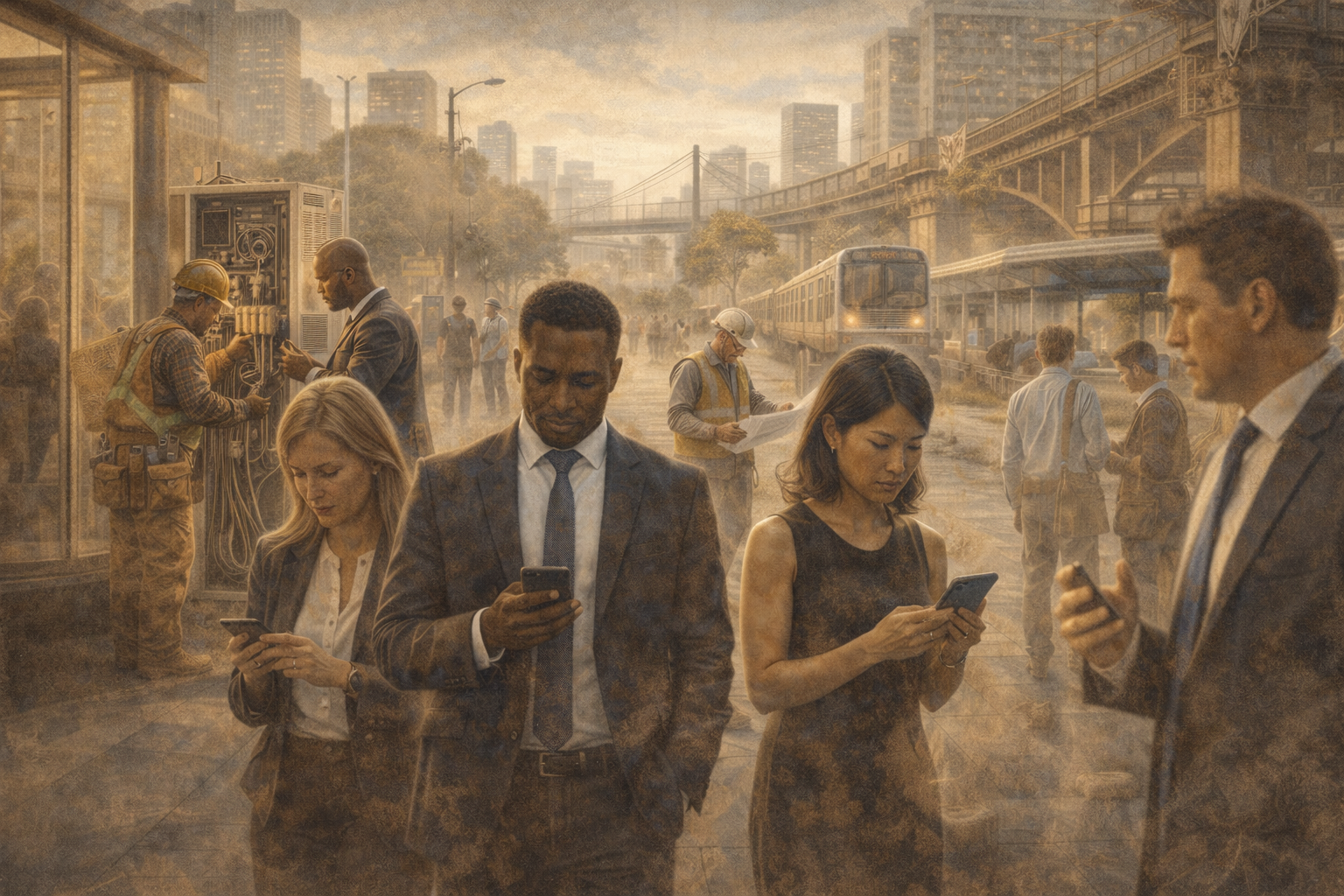 Skilled trades workers maintaining infrastructure in the background of a modern city while office professionals move through the foreground, illustrating skilled labor culture and invisibility.
