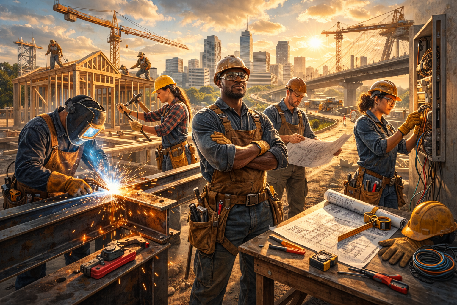 Skilled trades workers building infrastructure at a modern construction site representing the dignity of skilled labor
