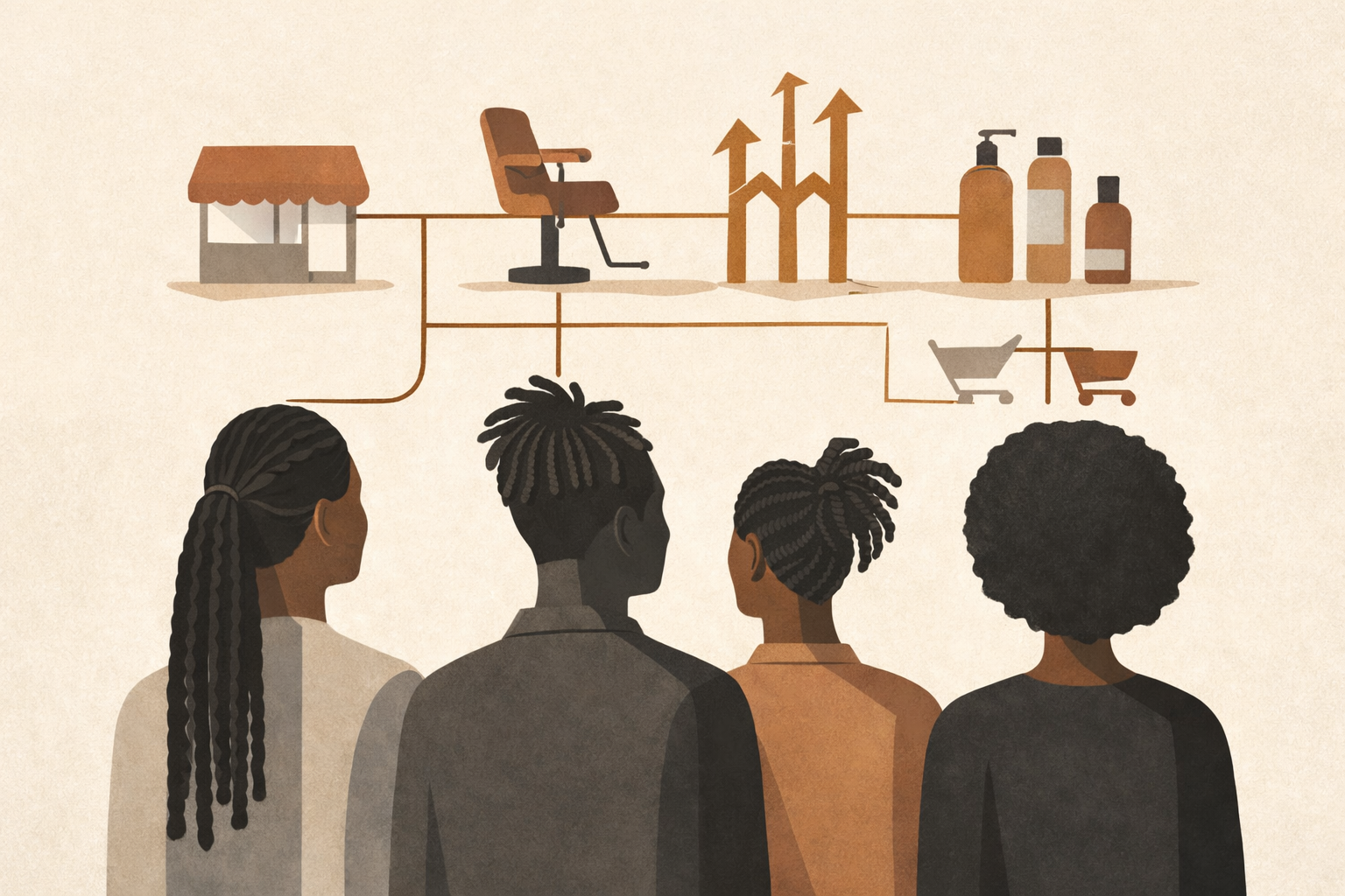 Black hair industry economics illustrated as an ecosystem of salons, beauty supply stores, products, and market signals.