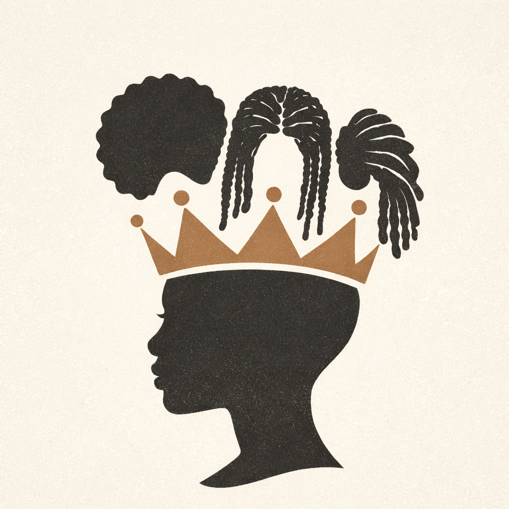 Illustration representing the politics of Black hair with natural hairstyles such as Afros, braids, and locs symbolizing identity and cultural history.
