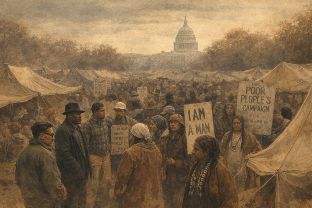 Poor People’s Campaign protest encampment in Washington DC during the 1968 economic justice movement organized by Martin Luther King Jr