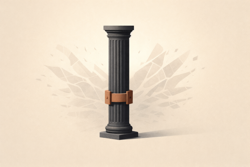 Minimalist editorial illustration of a single charcoal structural column stabilized by a clay-brown brace, surrounded by fragmented reflections on a warm sand background, symbolizing internal self-worth versus external validation pressure.