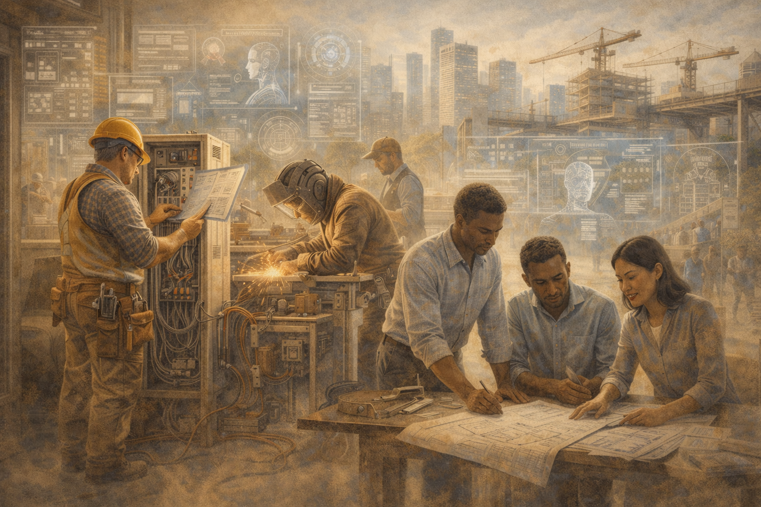 Diverse workers using hands-on skills, tools, and teamwork while AI systems appear as supporting tools in a modern workspace.