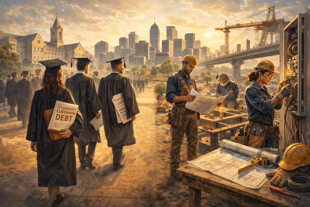 Illustration comparing university graduates and skilled trades workers as the prestige of the college economy declines