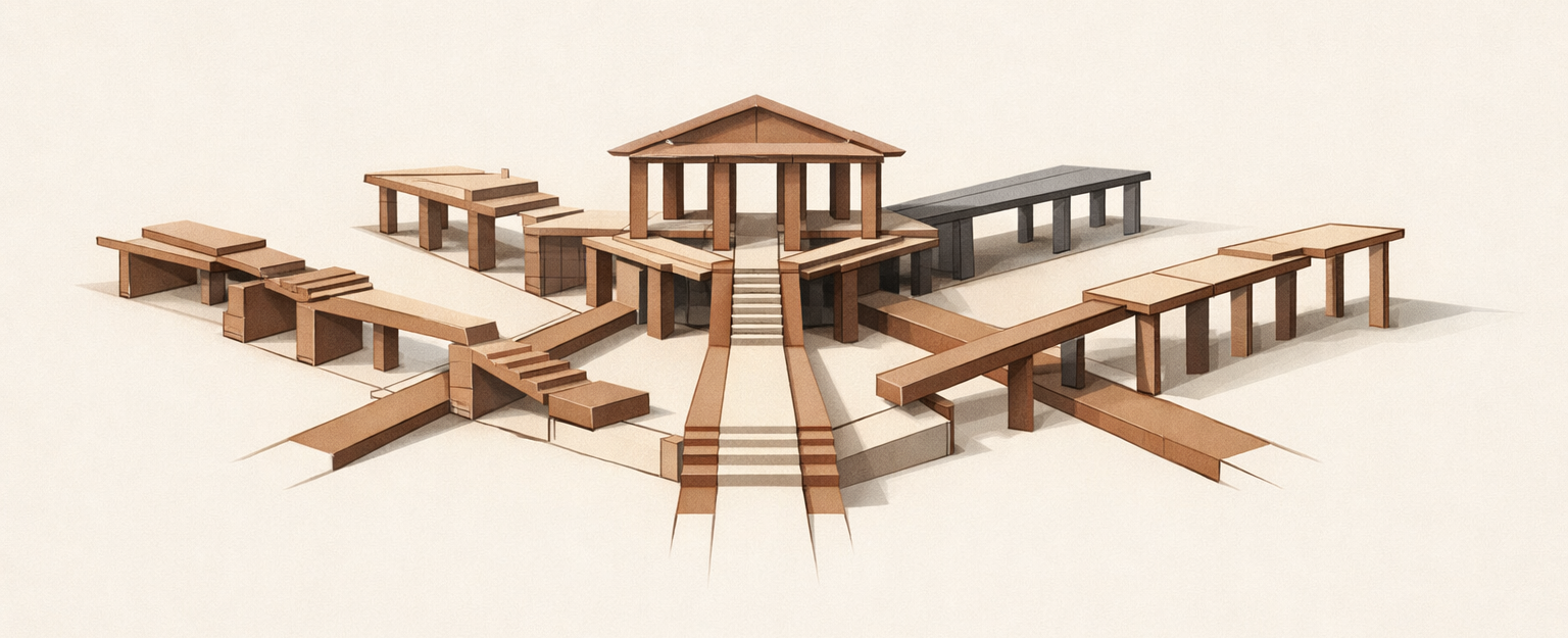 Thinking laws framework diagram showing structured pathways converging into a unified system for decision making