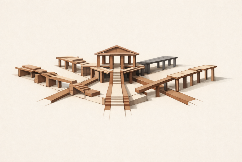 Minimalist architectural diagram of five pathways converging into a structured system, representing a thinking laws framework for decision-making and clarity