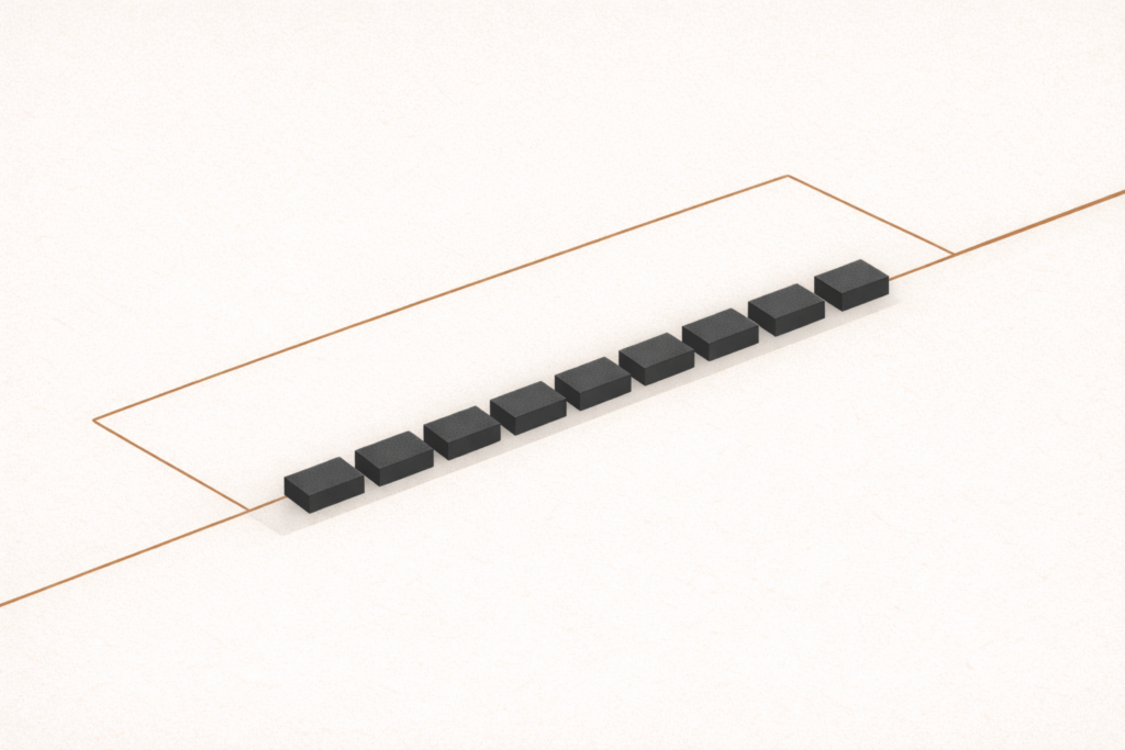 Minimalist top-down architectural illustration showing charcoal structural blocks sitting comfortably within a clay-brown boundary, with visible buffer space representing protected margin and recovery capacity.