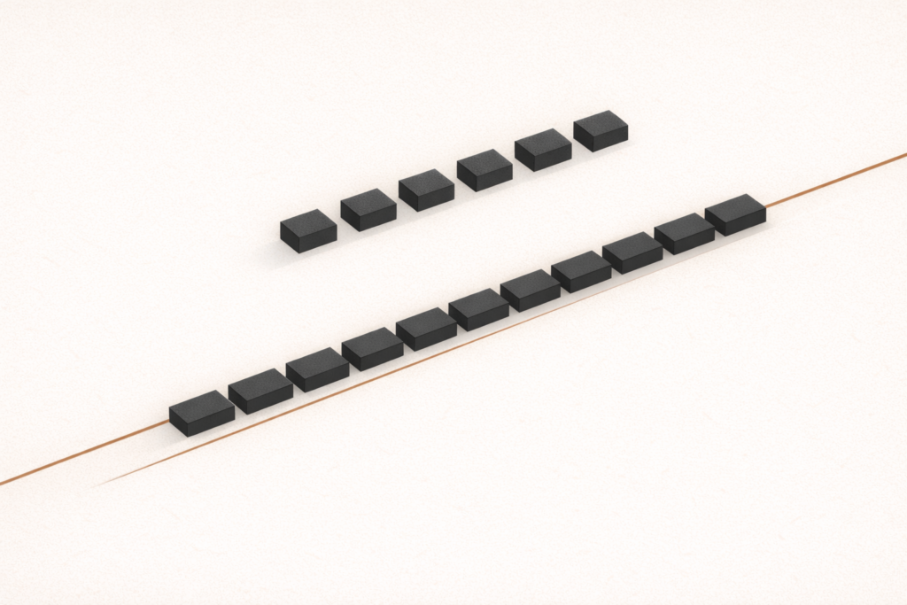 Minimalist top-down architectural illustration showing stable charcoal structural blocks aligned within a clay-brown boundary line, with additional blocks hovering outside capacity to represent disciplined refusal of excess load.