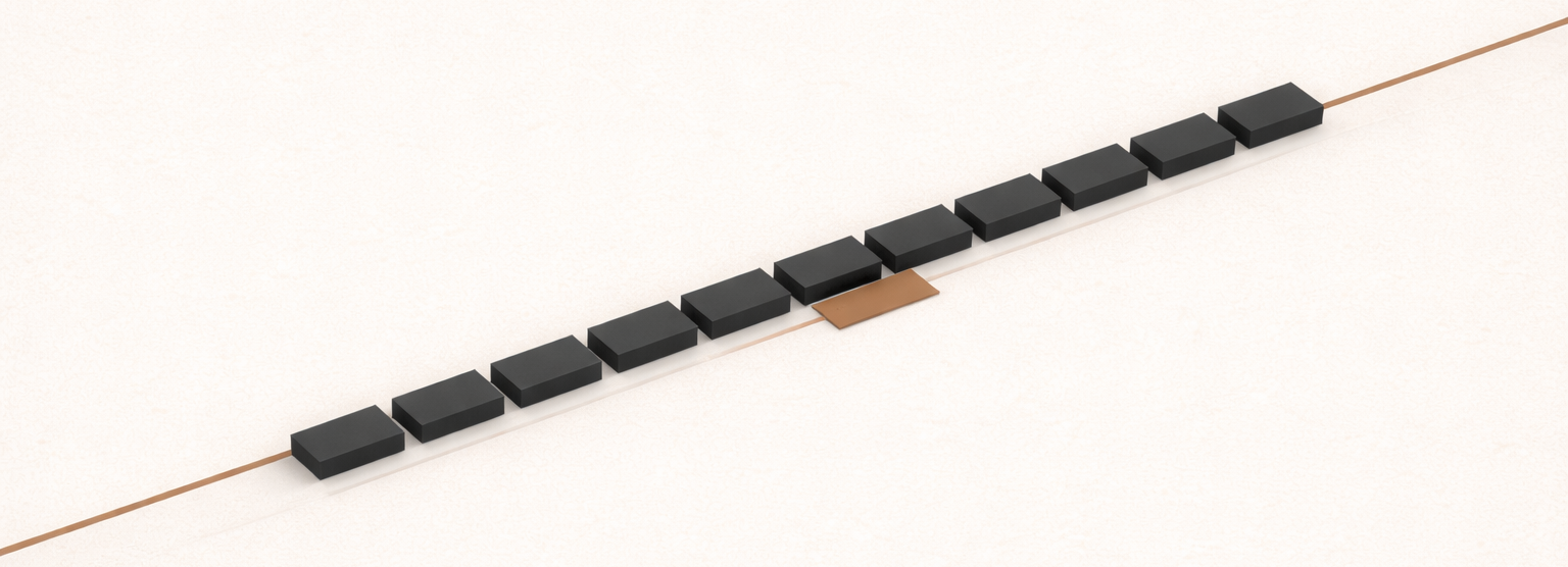 Minimalist top-down architectural illustration of evenly aligned charcoal structural segments resting along a fixed clay-brown standard line on a warm sand background, with a subtle clay-brown reinforcement plate beneath one section, indicating restored structural integrity and disciplined alignment.