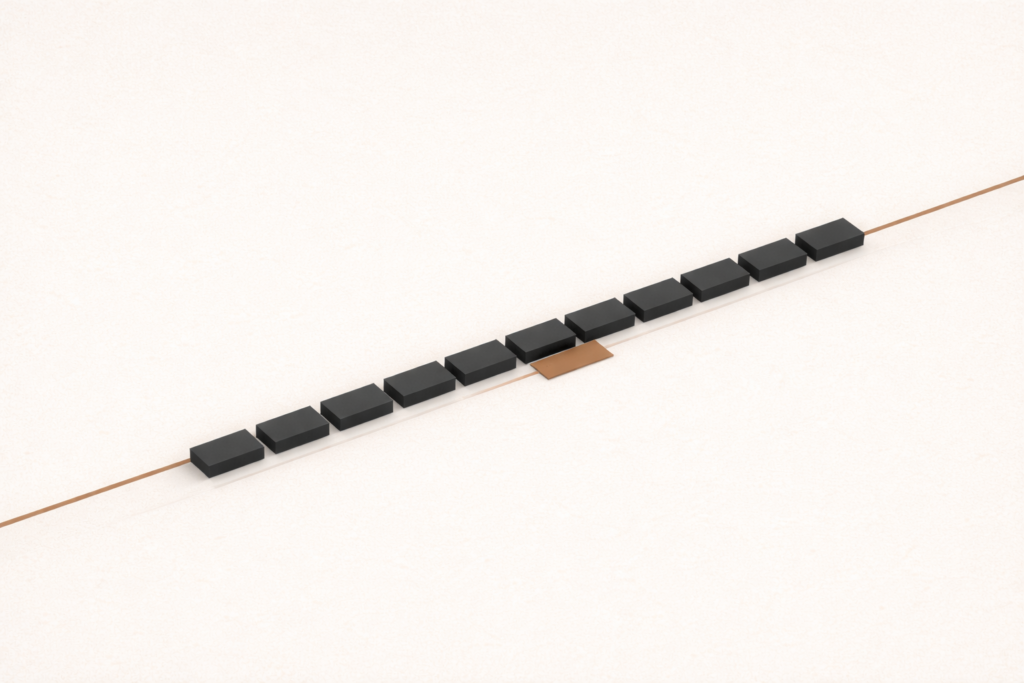 Minimalist top-down architectural illustration of evenly aligned charcoal structural segments resting along a fixed clay-brown standard line on a warm sand background, with a subtle clay-brown reinforcement plate beneath one section, indicating restored structural integrity and disciplined alignment.