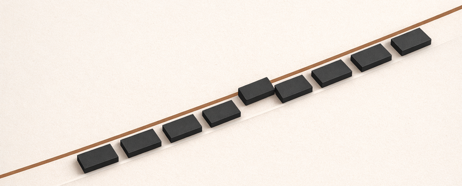 Top-down minimalist architectural illustration showing one slightly misaligned charcoal segment against a clay-brown standard line, representing removal of small structural exceptions.