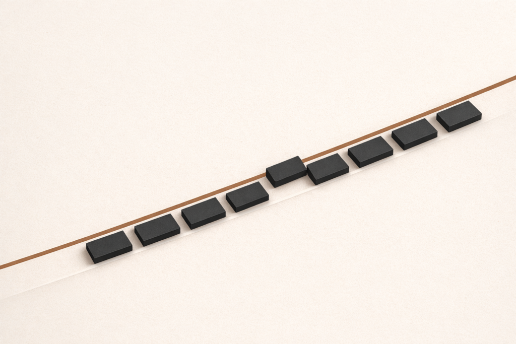 Minimalist top-down architectural illustration showing a series of charcoal structural segments aligned along a clay-brown standard line on a warm sand background, with one slightly offset segment illustrating a subtle exception in an otherwise precise system.