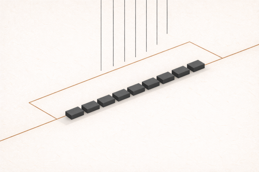 Minimalist top-down architectural illustration showing a stable charcoal structure with descending lines above it, separated by open space to represent protected decision latency.