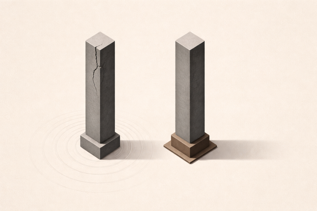 Minimalist illustration of two charcoal structural columns on a warm sand background, one fractured with ripple effects and the other stabilized by a clay-brown brace, symbolizing trauma-based validation-seeking versus structured identity.
