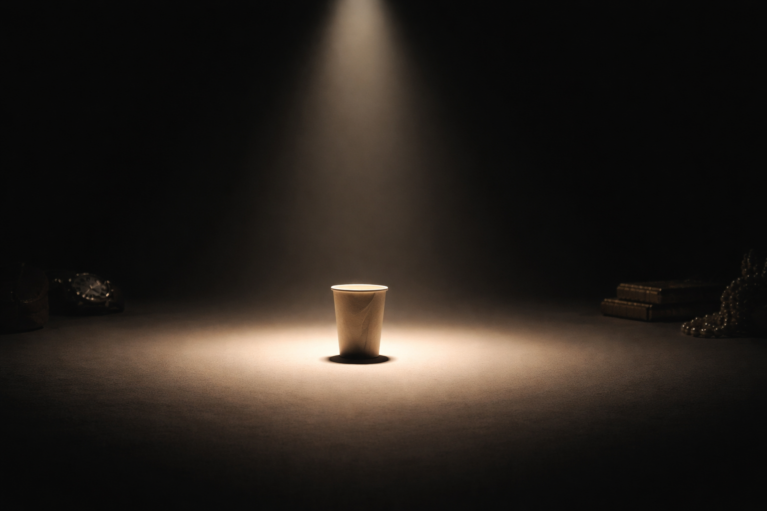 A plastic cup under a spotlight while more valuable objects remain hidden in shadow, symbolizing visibility versus validation