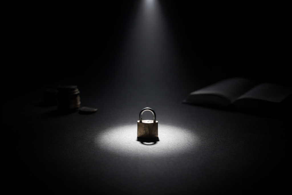 Spotlight highlighting one visible object while others remain hidden, representing visibility versus validation